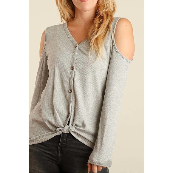 Youdivine Collection Tops - HP Gray Cutout Shoulder Button Top